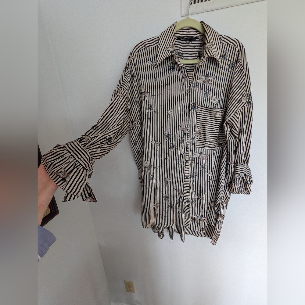 Zara Black & Cream Striped Button-Down Shirt dress with DRAGONFLY Floral Motif
